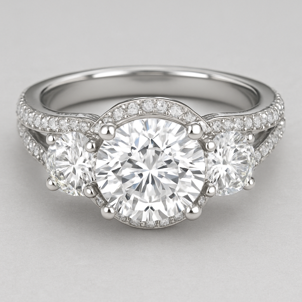 Elegant platinum 4 carat tw 3 stone ring with  hidden halo and pave split band
