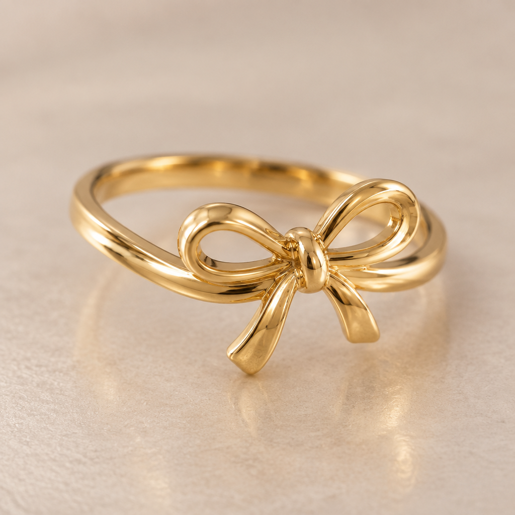 A minimalist women's ring made of gold suitable for birthday, detailed and decorative, moderately ornate. ring with the aesthetic ribbon design.
the ribbon is tilting to right.
the ring goes around the ribbon not under the ribbon.
the ribbon is tied like a single knot.
the ribbon has two same size loops.
the tail of the ribbon is short and the same length.
both of the ribbon tails is a little bit bendy one to the right and the other to the left.
the ribbon is design is supposed to be wrap around the finger not emerge.
the ring is not so bulky.
photorealistic jewelry design, A minimalist women's ring made of gold suitable for birthday, detailed and decorative, moderately ornate. ring with the aesthetic ribbon design.
the ribbon is tilting to right.
the ring goes around the ribbon not under the ribbon.
the ribbon is tied like a single knot.
the ribbon has two same size loops.
the tail of the ribbon is short and the same length.
both of the ribbon tails is a little bit bendy one to the right and the other to the left.
the ribbon is design is supposed to be wrap around the finger not emerge.
the ring is not so bulky., minimalist style, just the design no text