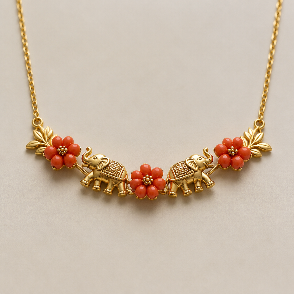 A women's necklace made of gold. keep same design just add coral flower after add 1 set coral flower after elephantbdesign
photorealistic jewelry design, A women's necklace made of gold. keep same design just add coral flower after add 1 set coral flower after elephantbdesign, modern style, just the design no text
