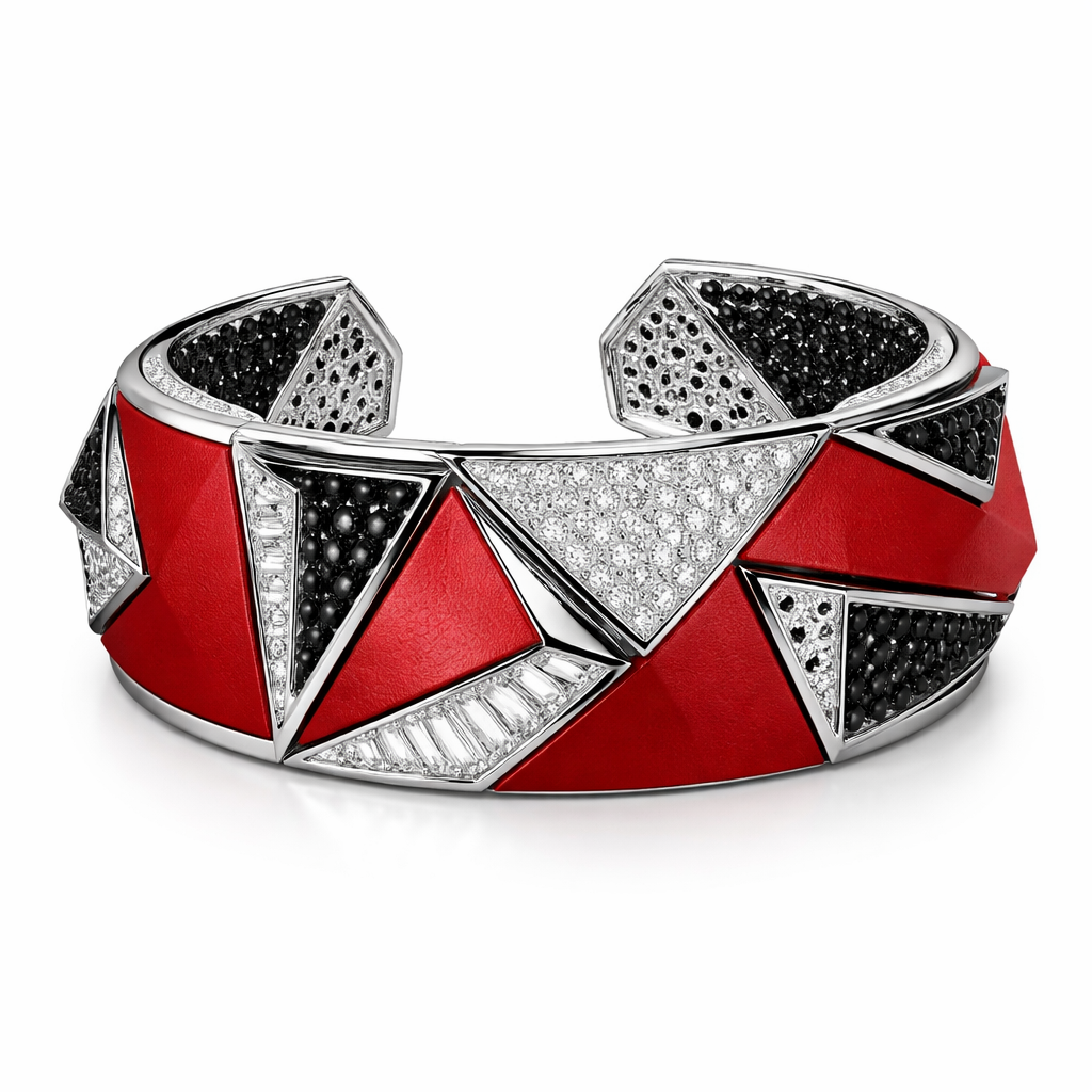 Geomatric red leather bangle of architecture and bold and edgy shape and elements of white and black diamonds for unisex of white background