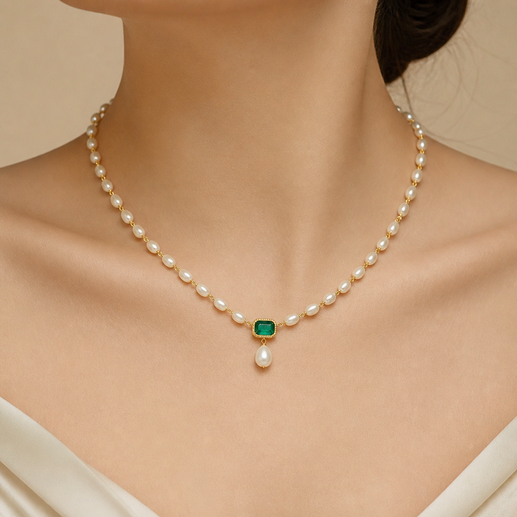 A pearl-adorned women's necklace made of gold with emerald and pearl stones suitable for wedding, ultra-minimalist, very simple and clean, understated, no embellishments. Very luxurious, luxurious
photorealistic jewelry design, A pearl-adorned women's necklace made of gold with emerald and pearl stones suitable for wedding, ultra-minimalist, very simple and clean, understated, no embellishments. Very luxurious, luxurious, pearl_adorned style, just the design no text