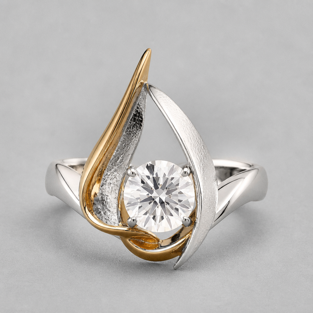 A avant-garde women's ring made of mixed metal with diamond stones suitable for festival. An extraordinary excellent beautiful delicate and elegant solitaire women ring. Face of the ring.
photorealistic jewelry design, A avant-garde women's ring made of mixed metal with diamond stones suitable for festival. An extraordinary excellent beautiful delicate and elegant solitaire women ring. Face of the ring., avant_garde style, just the design no text