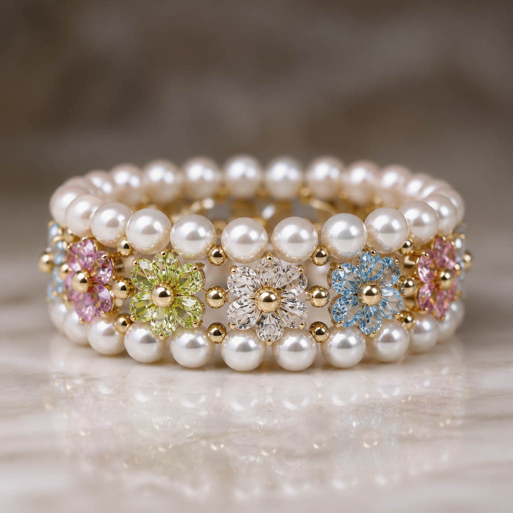 Pearl band with multicolored daisy shaped diamonds with gold pearls in between
photorealistic jewelry design, Pearl band with multicolored daisy shaped diamonds with gold pearls in between, fantasy style, just the design no text