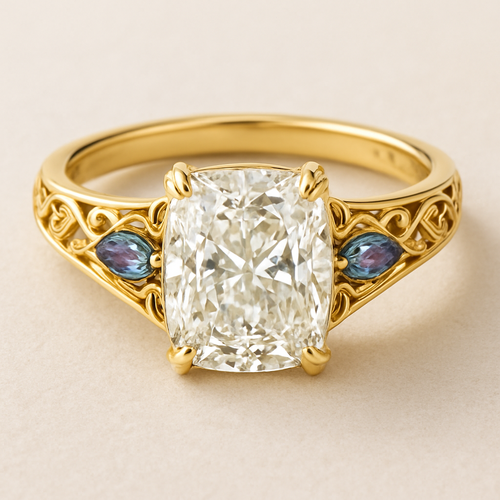 2 carat elongated cushion cut diamond engagement ring with double claw prongs in yellow gold ring with marquise shaped alexandrite side stones 