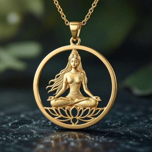 Золотой кулон в виде неровного круга в круге выгравирована женщина с длинными волосами в позе лотоса