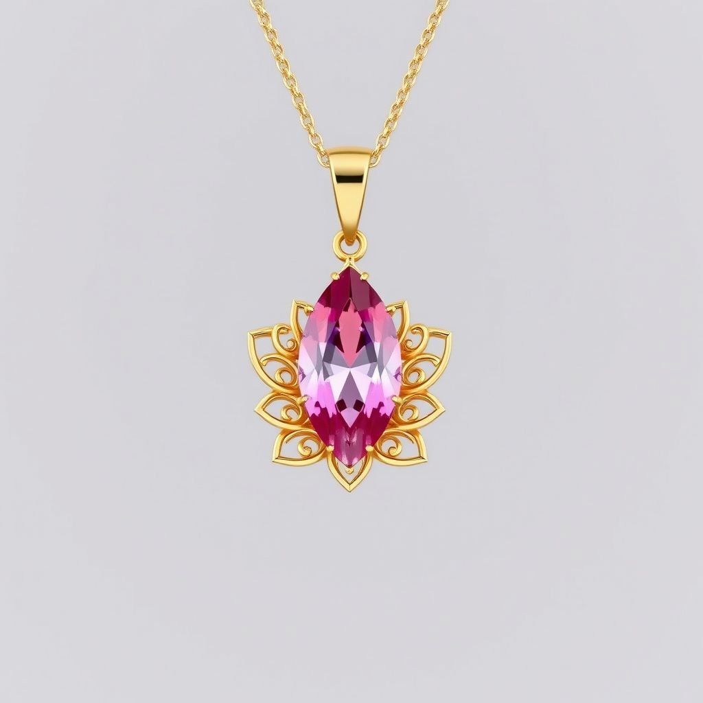 A everyday wear gold necklace with a pink color gemstone in a marquise cut. All the details are delicate and they rappresent the petals of the flower lotus. 