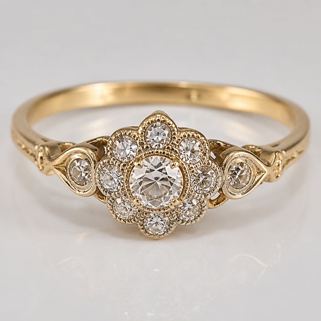 A vintage women's ring with diamond stones
photorealistic jewelry design, A vintage women's ring with diamond stones, vintage style, just the design no text