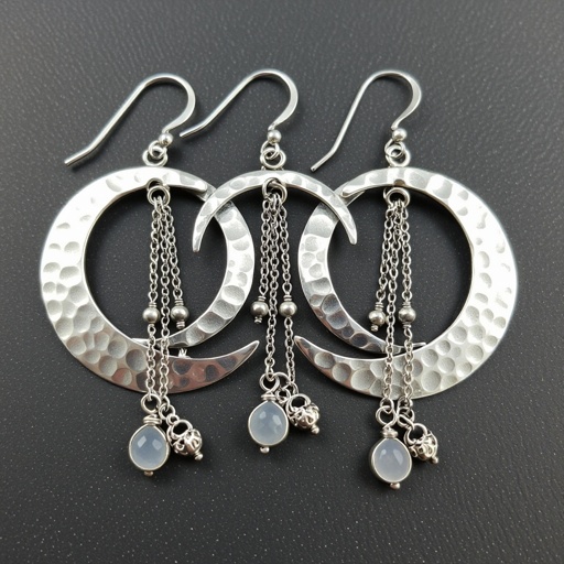 Серебряные серьги словно мятое сер ебро в форме полумесяца. Верхушка полумесяца крепится к застежке серьги.  От полумесяца идет три цепочки, у каждой на конце мелкий камушек лунный камень