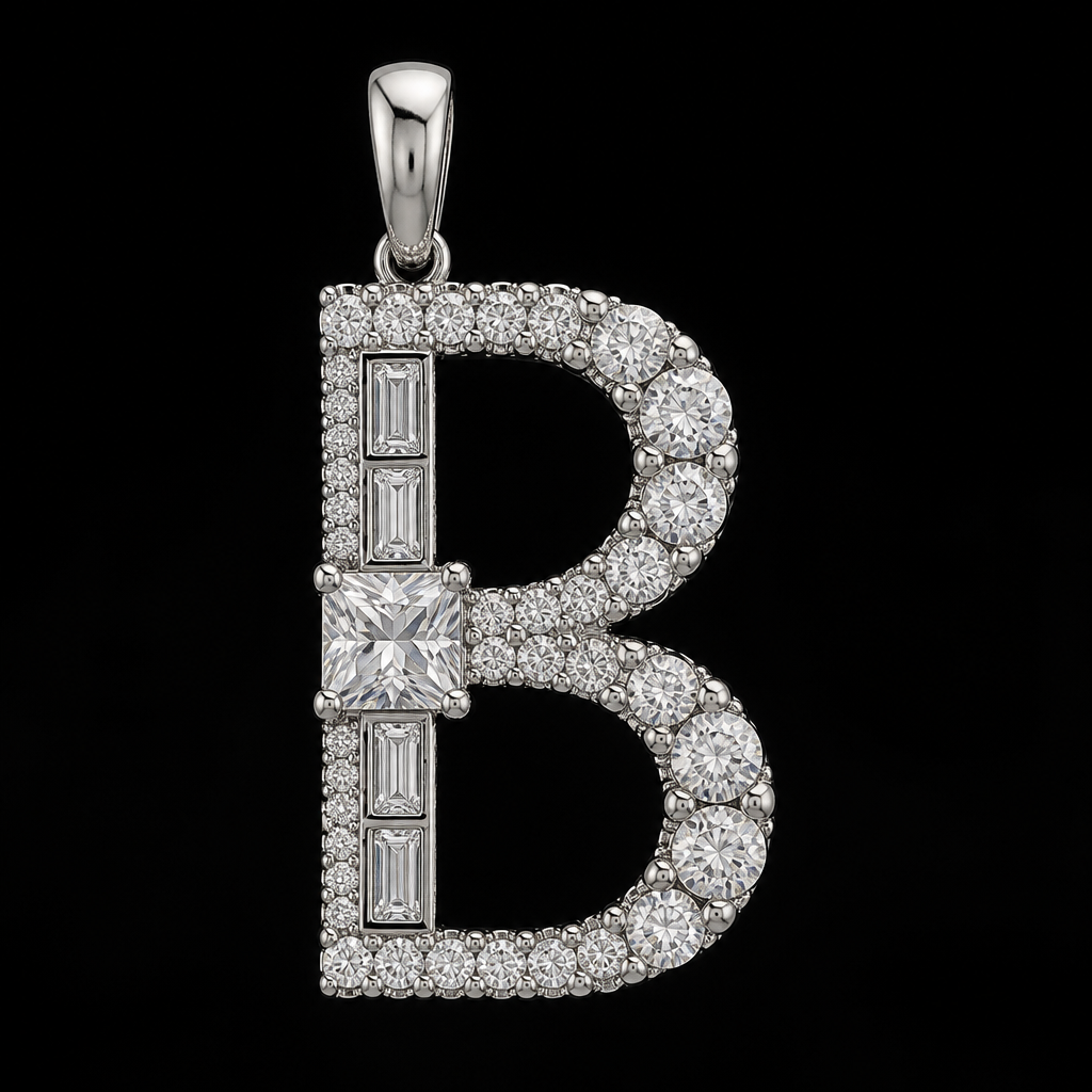 Create me a pendant in the shape of a B using 6 small baguette diamonds, a larger square princess cut diamond. 26 sand grain diamonds, and diamonds that increase in size smaller in pairs
photorealistic jewelry design, Create me a pendant in the shape of a B using 6 small baguette diamonds, a larger square princess cut diamond. 26 sand grain diamonds, and diamonds that increase in size smaller in pairs , modern style, just the design no text