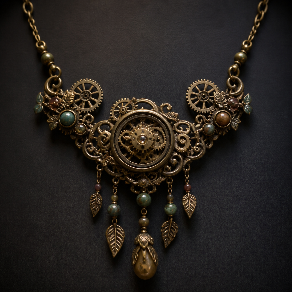 A bohemian women's necklace. bronze steam punk themed necklace.
photorealistic jewelry design, A bohemian women's necklace. bronze steam punk themed necklace., bohemian style, just the design no text