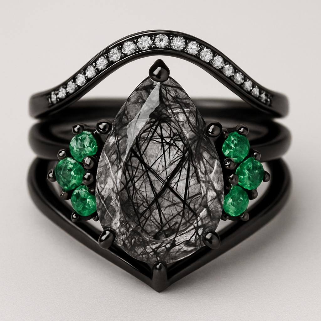 Black band, long kite cut rutilated black quartz, emerald accent stones 3 on each side in a cluster, add a wedding band that curves around the top of the main stone with black and white stones