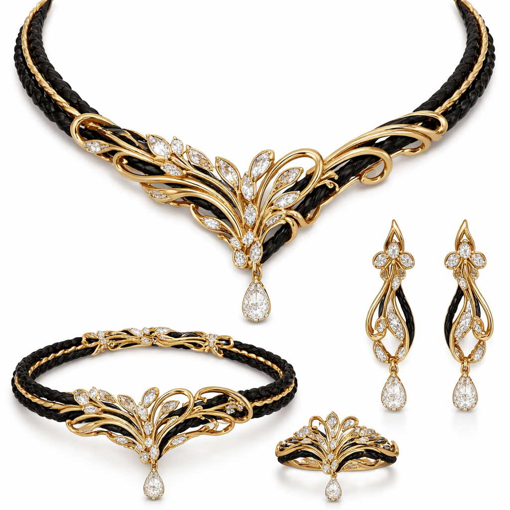 Simple jewelry ensemble with diamonds with leather design , in gold