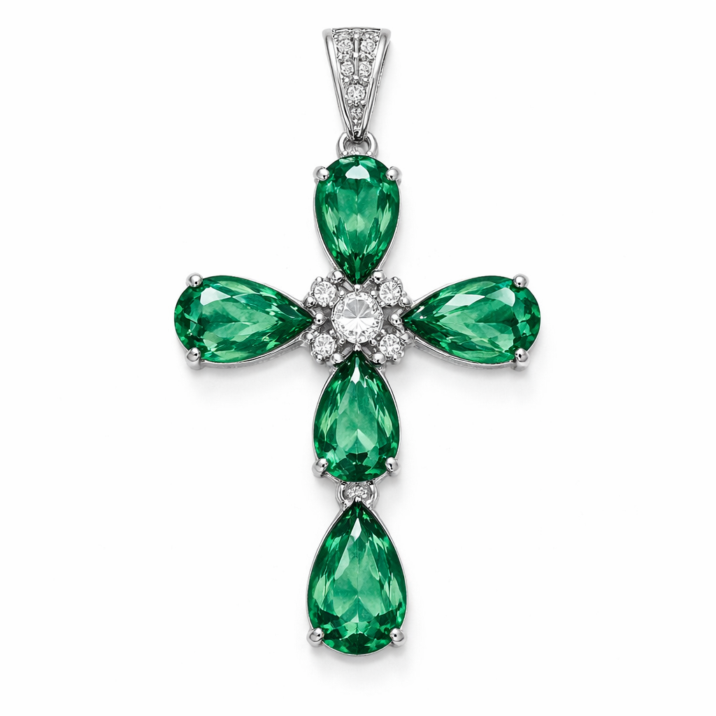 Faceted pear cut emerald white gold cross with 2 small diamond accent stones in between each emeald