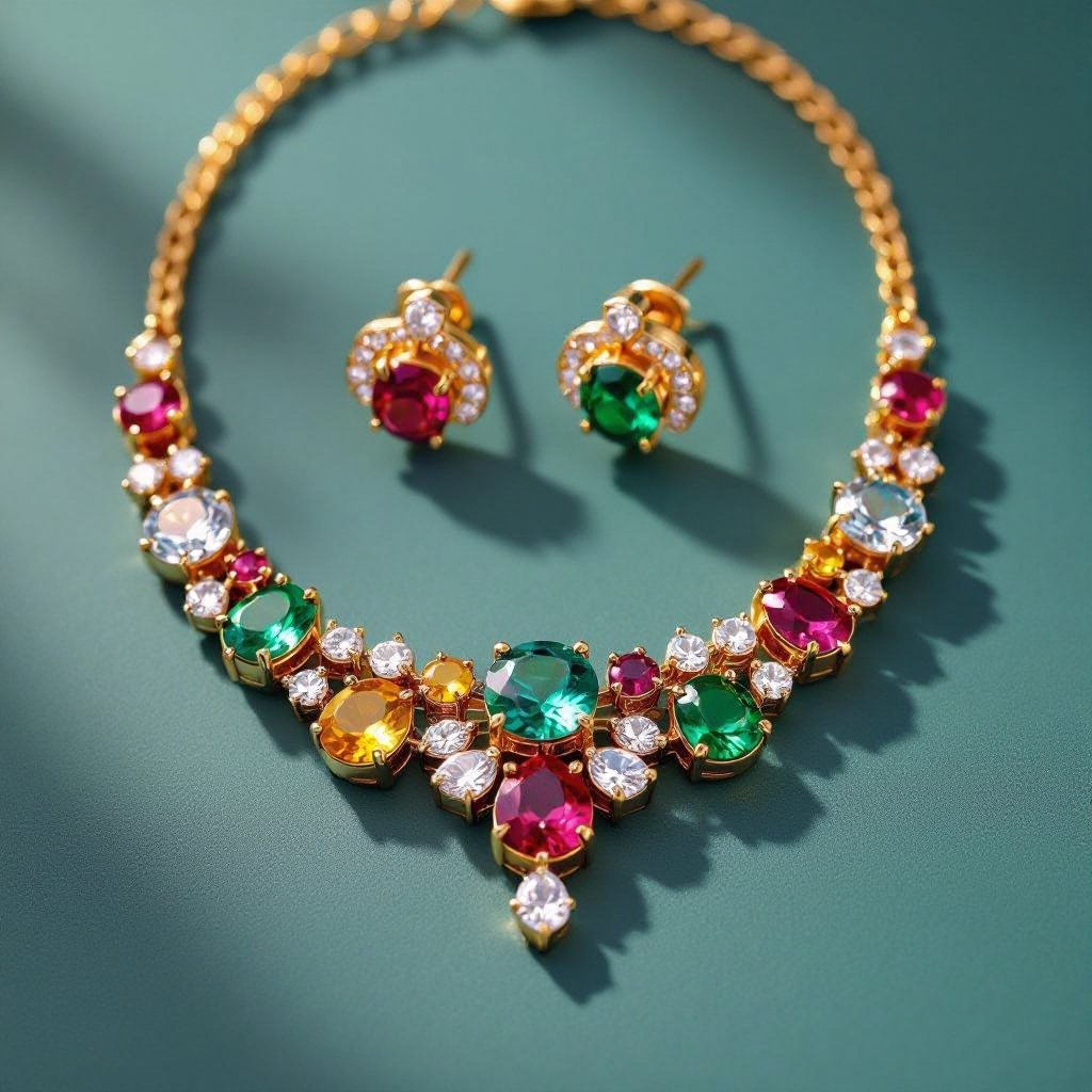 Necklace and ring and earring with luxury colorful jewel with gold