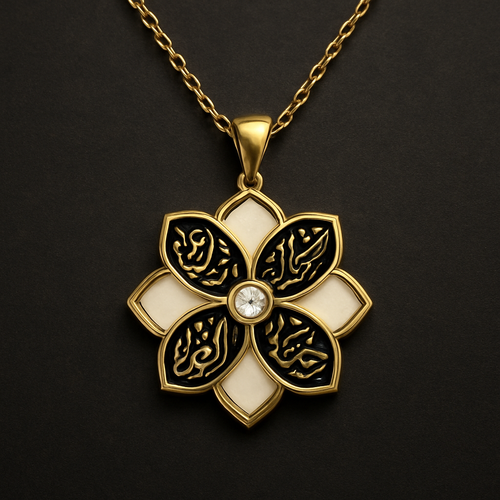 A wedding necklace featuring a single marigold-shaped pendant made only of the flower, with no stem and no leaves.
The petals are a mix of white and black, arranged in a balanced, elegant pattern: the outer petals are white, and the inner ring of petals is black.

Every petal is outlined with thin, polished gold edges to create definition and contrast.
The center of the flower contains a small, faceted white gemstone set in a gold prong setting.

The pendant hangs from a delicate, fine gold chain—not thick, but strong and elegant—matching the gold outlines of the flower.
The overall style is inspired by Ottoman-inspired jewelry like the elegant wedding pieces seen in Kuruluş Osman, but without excessive ornamentation.
The design feels refined, symmetrical, and suitable as a wedding necklace.