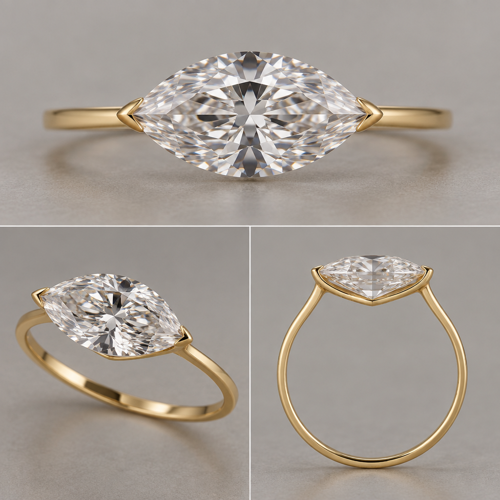 A women's ring, highly ornate, intricate and elaborate, richly detailed. High-end fine jewelry photorealistic rendering of a single 1.90 carat marquise-cut diamond mounted east-to-west on an exceptionally thin, flat 18k yellow-gold band. The diamond must dominate the design and appear almost floating when viewed from above.
Use an extremely minimal semi-bezel / concealed under-gallery construction. The east and west tips of the marquise are captured by two tiny, refined yellow-gold point claws that flow directly and continuously from the shank. The claws should hug the diamond's points extremely tightly without covering the face-up outline.
The crucial structural element is a very shallow, finely engineered gold support beneath the diamond's pavilion. This support forms a minimal cradle/under-gallery connecting the two sides of the ring and supporting the pavilion from below. It must be substantially concealed behind the diamond in the face-up view and become visible only in the 3/4 and true side views. It should be thin, elegant, and architectural—not a bulky basket.
The diamond should look like a loose gemstone that has somehow been captured by an almost invisible gold structure.
Do NOT attempt to suspend the diamond using only two isolated prongs. The hidden under-gallery is necessary structural architecture. Do NOT create a random gold lump beneath the culet. The support must follow the geometry of the pavilion and look intentionally fabricated as part of the setting.
The band should transition smoothly into the east and west portions of the setting with no bulbous shoulders, upward hooks, decorative curves, or conventional four-prong/basket architecture. The face-up view should show essentially only the diamond, its two tiny point captures, and the thin flat gold band extending horizontally behind it.
The diamond's entire face-up outline must remain visually unobstructed. No halo, no side stones, no decorative metal, no large bezel surrounding the stone, no visible gallery from the front.
Show the exact same ring and exact same diamond in three views: (1) straight-on face-up view, (2) 3/4 view, and (3) true side/profile view. Maintain identical diamond proportions, orientation, scale, band width, and setting architecture across all three views.
In the side/profile view, clearly show that the marquise pavilion is supported by a shallow, continuous, physically plausible gold under-gallery/cradle while maintaining reasonable clearance between the pavilion and the finger. The support should be elegant and minimal, similar to a high-end custom semi-bezel setting, rather than a traditional raised basket.
Photorealistic high-end jewelry photography. Physically plausible jewelry construction. Realistic 1.90 ct marquise pavilion depth, realistic 18k gold thickness, realistic soldered/formed construction, secure stone retention, extremely refined proportions. Clean contemporary luxury, architectural minimalism, understated, no ornate details.
photorealistic jewelry design, A women's ring, highly ornate, intricate and elaborate, richly detailed. High-end fine jewelry photorealistic rendering of a single 1.90 carat marquise-cut diamond mounted east-to-west on an exceptionally thin, flat 18k yellow-gold band. The diamond must dominate the design and appear almost floating when viewed from above.
Use an extremely minimal semi-bezel / concealed under-gallery construction. The east and west tips of the marquise are captured by two tiny, refined yellow-gold point claws that flow directly and continuously from the shank. The claws should hug the diamond's points extremely tightly without covering the face-up outline.
The crucial structural element is a very shallow, finely engineered gold support beneath the diamond's pavilion. This support forms a minimal cradle/under-gallery connecting the two sides of the ring and supporting the pavilion from below. It must be substantially concealed behind the diamond in the face-up view and become visible only in the 3/4 and true side views. It should be thin, elegant, and architectural—not a bulky basket.
The diamond should look like a loose gemstone that has somehow been captured by an almost invisible gold structure.
Do NOT attempt to suspend the diamond using only two isolated prongs. The hidden under-gallery is necessary structural architecture. Do NOT create a random gold lump beneath the culet. The support must follow the geometry of the pavilion and look intentionally fabricated as part of the setting.
The band should transition smoothly into the east and west portions of the setting with no bulbous shoulders, upward hooks, decorative curves, or conventional four-prong/basket architecture. The face-up view should show essentially only the diamond, its two tiny point captures, and the thin flat gold band extending horizontally behind it.
The diamond's entire face-up outline must remain visually unobstructed. No halo, no side stones, no decorative metal, no large bezel surrounding the stone, no visible gallery from the front.
Show the exact same ring and exact same diamond in three views: (1) straight-on face-up view, (2) 3/4 view, and (3) true side/profile view. Maintain identical diamond proportions, orientation, scale, band width, and setting architecture across all three views.
In the side/profile view, clearly show that the marquise pavilion is supported by a shallow, continuous, physically plausible gold under-gallery/cradle while maintaining reasonable clearance between the pavilion and the finger. The support should be elegant and minimal, similar to a high-end custom semi-bezel setting, rather than a traditional raised basket.
Photorealistic high-end jewelry photography. Physically plausible jewelry construction. Realistic 1.90 ct marquise pavilion depth, realistic 18k gold thickness, realistic soldered/formed construction, secure stone retention, extremely refined proportions. Clean contemporary luxury, architectural minimalism, understated, no ornate details., modern style, just the design no text