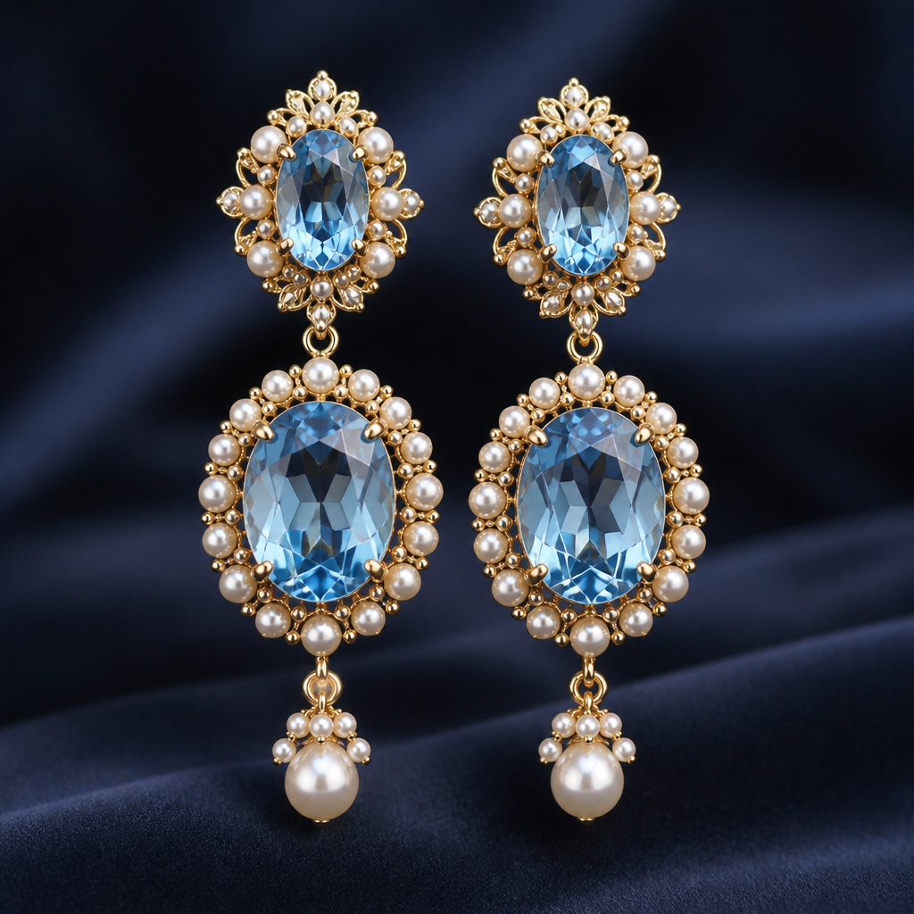 Earing with blue oval cart diamond with tiny white pearls
photorealistic jewelry design, Earing with blue oval cart diamond with tiny white pearls
, royal style, just the design no text