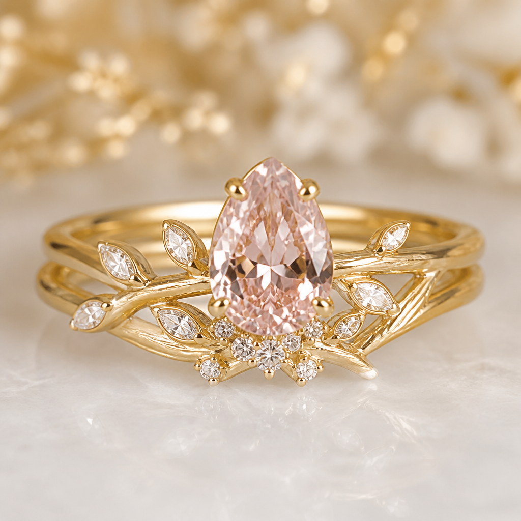 Show me a second piece golden engagement/ wedding ring set with a rose diamond
photorealistic jewelry design, Show me a second piece golden engagement/ wedding ring set with a rose diamond, nature_inspired style, just the design no text