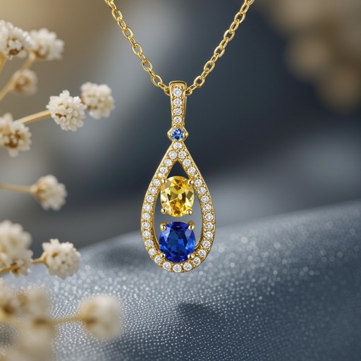 gradient of blue stones, one oval sapphire, one oval zircon and one round sapphire, extend in a vertical line, connected by a thin band of yellow gold. The connection between the stones is so slender that it creates the illusion of gems floating on your skin.