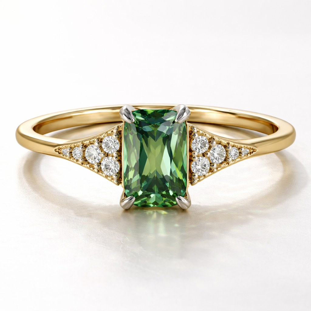 Show me a design for A yellow gold 18 carat very thin band with a sharp angled edge ring. Central green sapphire in an elongated cushion cut. Either side of the central sapphire are three very small diamonds on each side in a triangle formation with a bevelled edge border. The profile of the stones are raised higher with a bridge off the ring to accommodate a round wedding band underneath. All stones are held in place by four platinum pointy prongs.