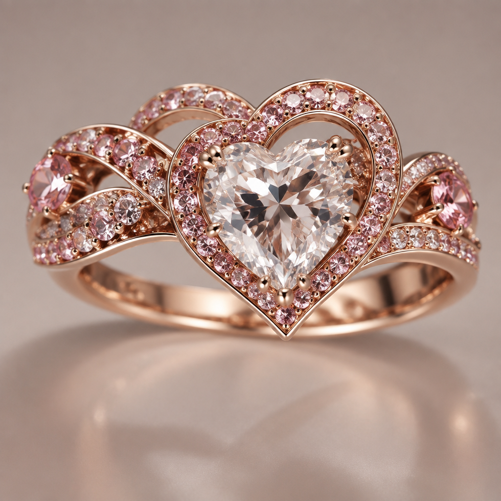 A women's ring, highly ornate, intricate and elaborate, richly detailed. duas linhas que se encontram formando um coração com joias rosas do aulta colidade eeio transparente com pequenas joias rosa ou redor
photorealistic jewelry design, A women's ring, highly ornate, intricate and elaborate, richly detailed. duas linhas que se encontram formando um coração com joias rosas do aulta colidade eeio transparente com pequenas joias rosa ou redor, modern style, just the design no text