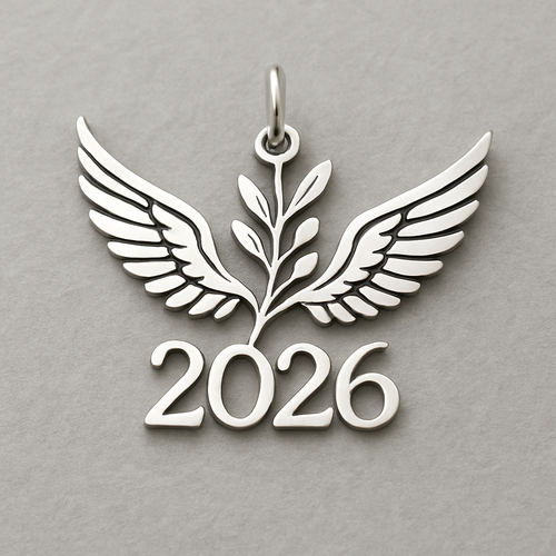 Silver cut-out charm blending together only the two spread out wings of a bird, an olive branch and  along year 2026