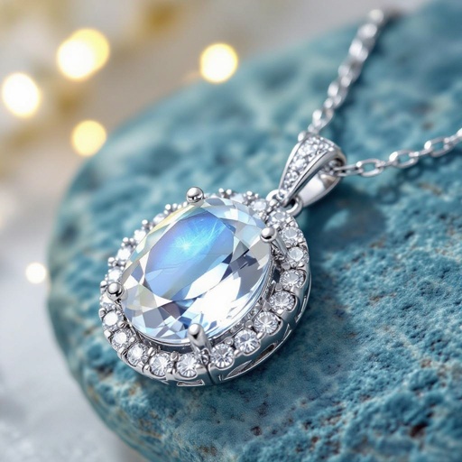 A  50 carat drop-cut IF moonstone necklace with silver lining around it 