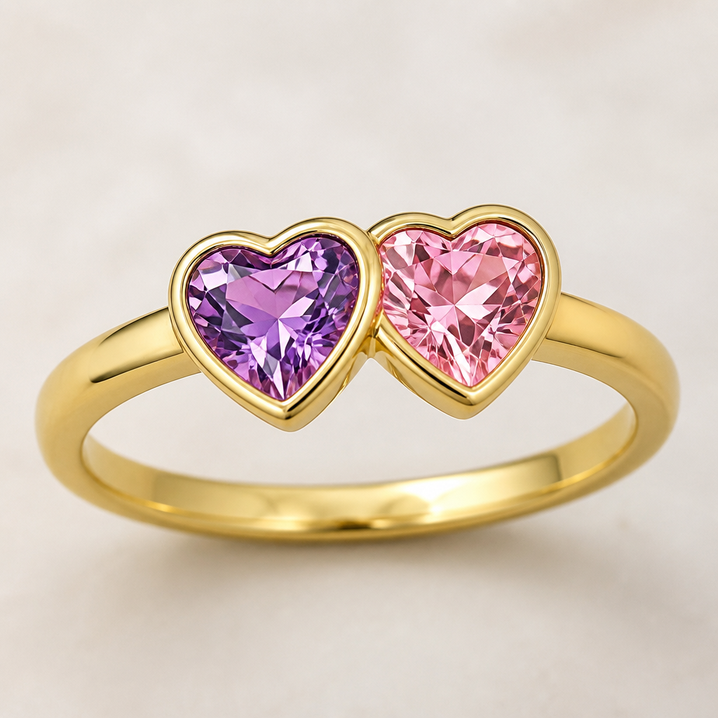 A bezel-set women's ring made of gold suitable for engagement. un anillo dorado con dos corazones uno viendo a la derecha rosa y para la izquierda morado
photorealistic jewelry design, A bezel-set women's ring made of gold suitable for engagement. un anillo dorado con dos corazones uno viendo a la derecha rosa y para la izquierda morado, bezel_set style, just the design no text