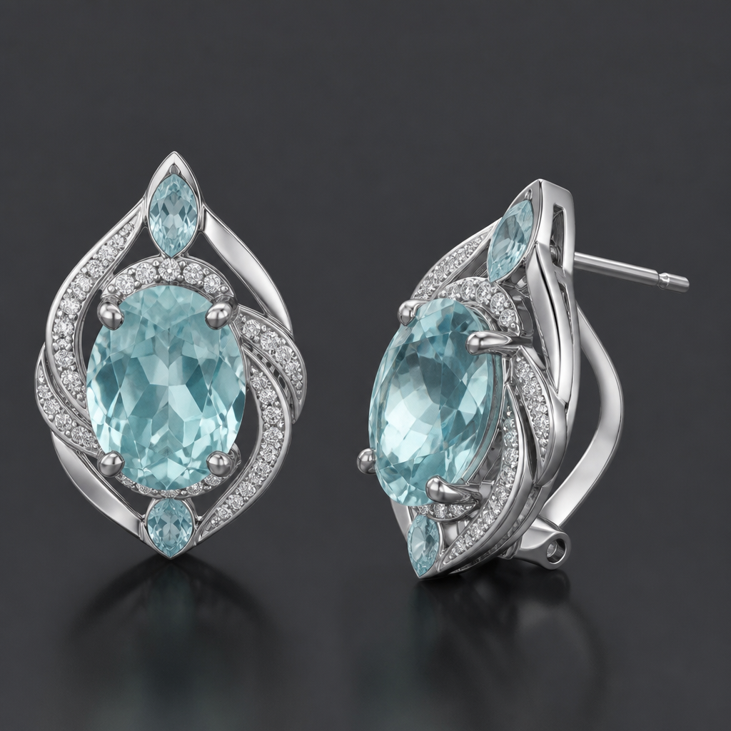 A women's earrings made of white gold with aquamarine stones. Anelmcom pedra central oval de 11 mm x 9 mm
photorealistic jewelry design, A women's earrings made of white gold with aquamarine stones. Anelmcom pedra central oval de 11 mm x 9 mm, modern style, just the design no text