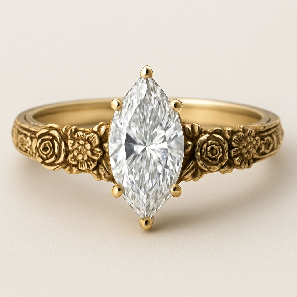 2ct marquise engagement ring with vintage band that has small roses and carnations 