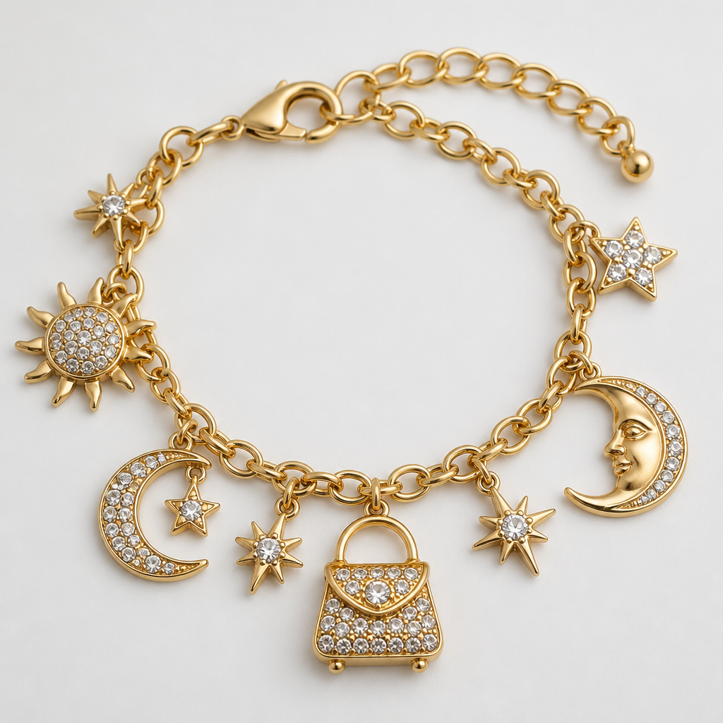 A women's bracelet, detailed and decorative, moderately ornate. sun moon stars purse charm with rhinestones
photorealistic jewelry design, A women's bracelet, detailed and decorative, moderately ornate. sun moon stars purse charm with rhinestones, modern style, just the design no text