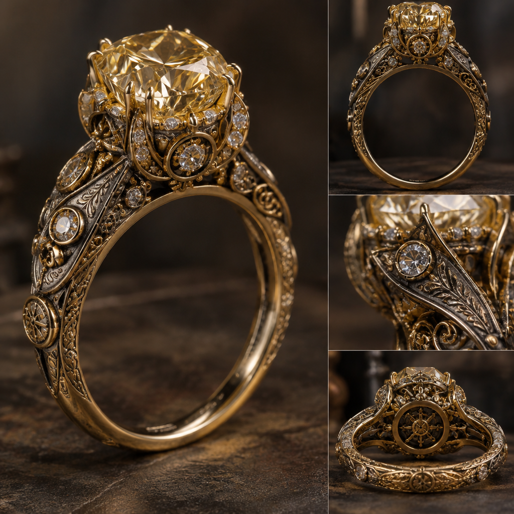 Engagement ring with a warm yellow cushion antique cut diamond set in two tone gold and sitting in a tall dome style setting with small old European stones within the sides, full of custom engravings and emblems
photorealistic jewelry design, Engagement ring with a warm yellow cushion antique cut diamond set in two tone gold and sitting in a tall dome style setting with small old European stones within the sides, full of custom engravings and emblems , steampunk style, just the design no text