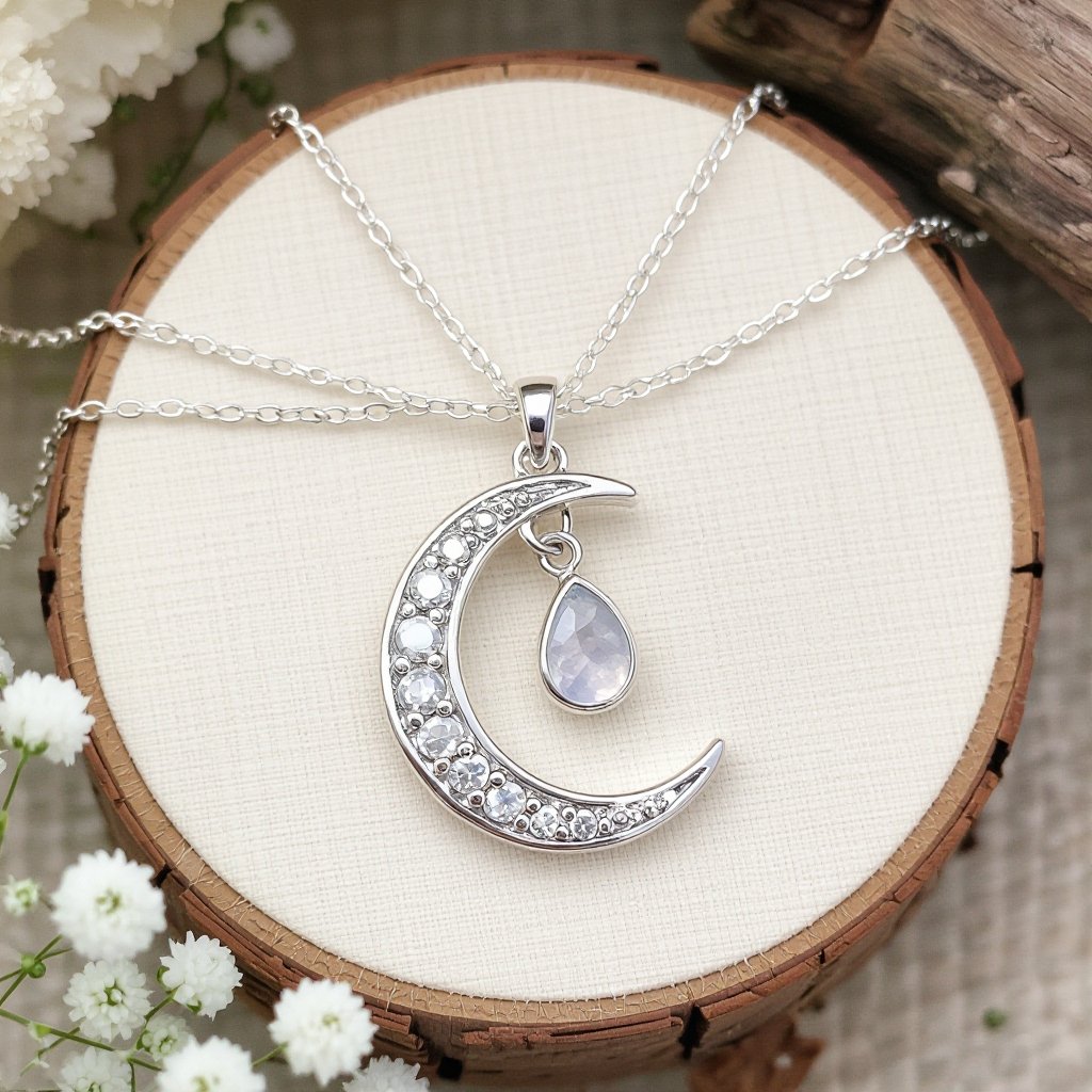 Луна полумесяцем с мелкими камушками и маленький в виде кристала лунный камень подвеска