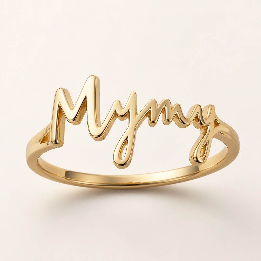 A women's ring made of gold. a ring with the namd Mymy
photorealistic jewelry design, A women's ring made of gold. a ring with the namd Mymy, modern style, just the design no text