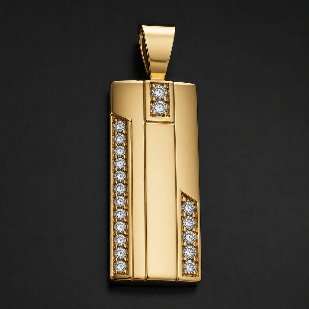 A modern men's pendant made of gold with diamond stones suitable for wedding. con diamantes
photorealistic jewelry design, A modern men's pendant made of gold with diamond stones suitable for wedding. con diamantes, modern style, just the design no text