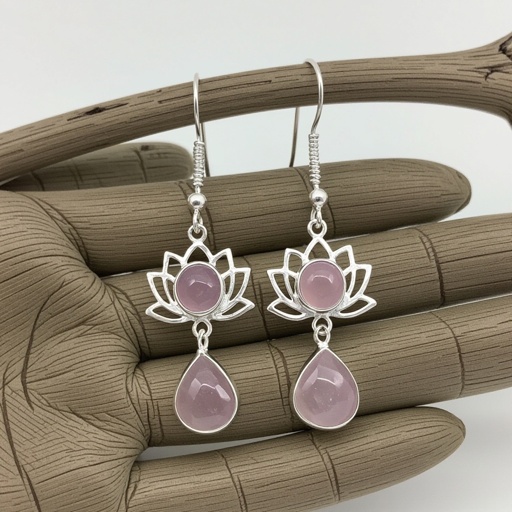 Светлое матовое золото. Серьги с лотосом на длинных цепочках. По центру лотоса неровный камень необрабаботанного розового кварца, от лотоса идет цепочка с еще одним камнем кварца на конце. Серьги тонкие и легкие