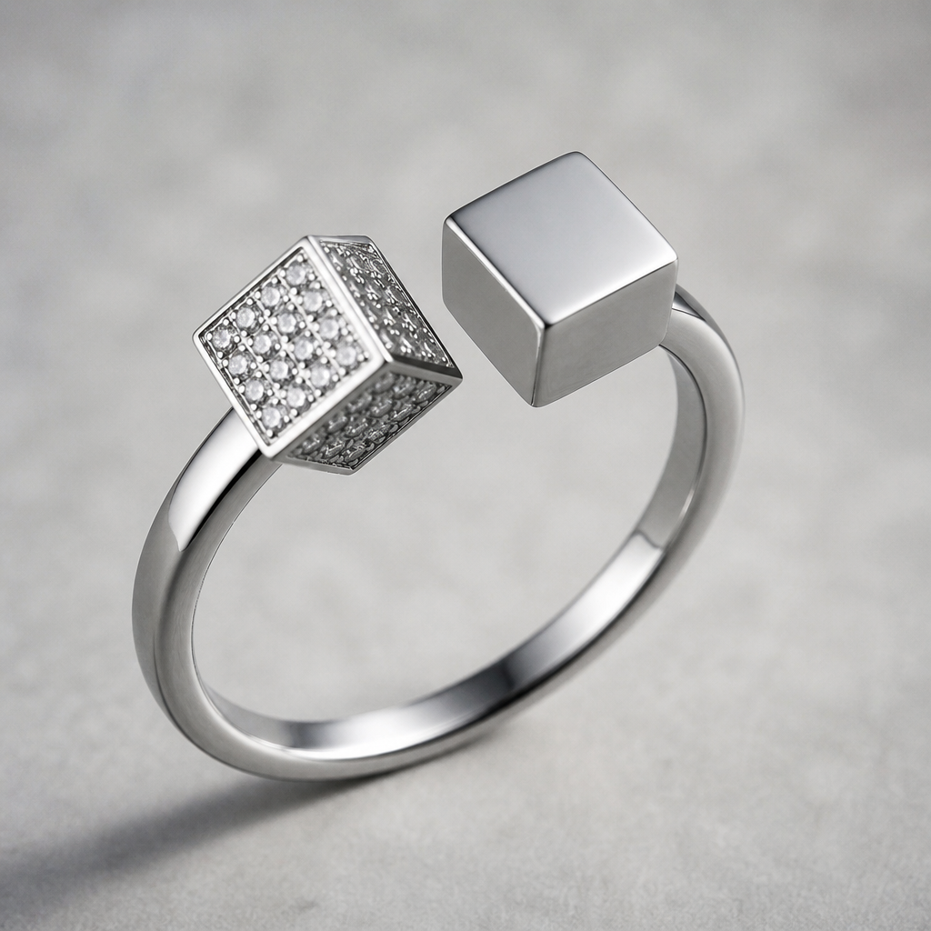 A geometric women's ring made of silver with diamond stones suitable for gift. double cube shape ring with one side cube diamond and one side cube shape body blank
photorealistic jewelry design, A geometric women's ring made of silver with diamond stones suitable for gift. double cube shape ring with one side cube diamond and one side cube shape body blank, geometric style, just the design no text