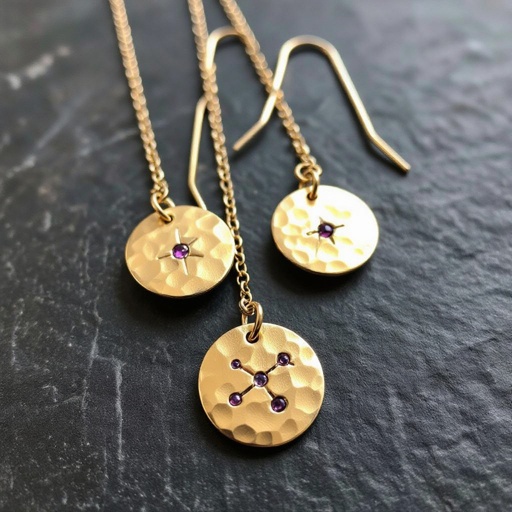 Серьги длинные на цепочках матовое золото мятое. Символ схематично созвездие. Маленькие фиолетовые камушки