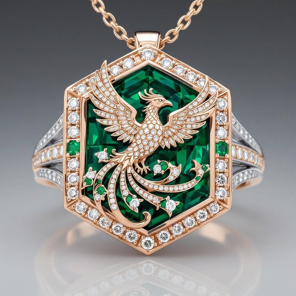 Geomatric rose gold and A platinum signet ring with phoenix printed on it for women Design a luxurious platinum signet ring that embodies the elegance of Art Deco style, featuring a striking phoenix rendered in intricate geometric patterns. Emphasize bold lines and symmetry, with contrasting finishes for depth. Adorn the ring with brilliant-cut diamonds and emeralds, capturing the spirit of rebirth and timeless sophistication. Rose gold geometric pendant. Platinum signet ring with a phoenix, brilliant-cut diamonds, and emeralds, in platinum with contrasting finishes.