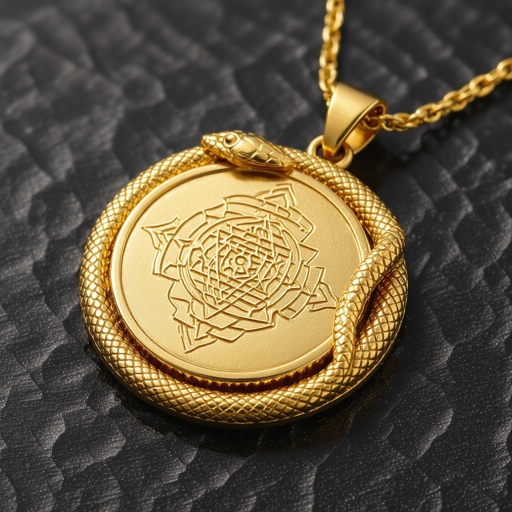Золотой матовый кулон в виде круга, по окружности золотая тонкая змея в центре изображена янтра богини кали
