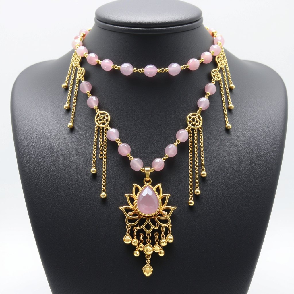 Цепочка из золота с золотыми мелкими шариками и мелкими из мелкого розового кварца посредине лотос от лотоса идут цепочки золотые вниз