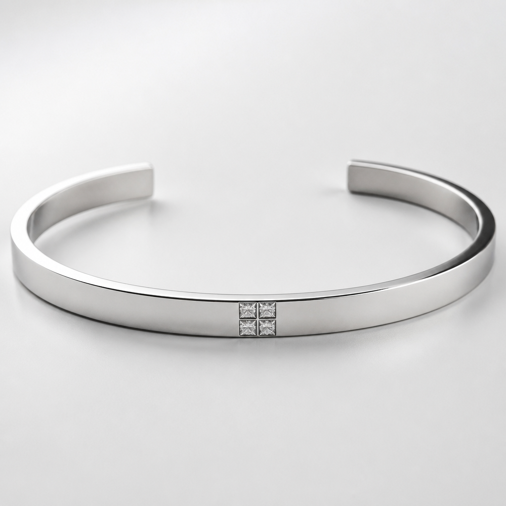A women's bracelet made of silver. 1.5mm * 6mm cuff with 4 little square stones engraved in the cuff itself without pronges making a square in the middle
photorealistic jewelry design, A women's bracelet made of silver. 1.5mm * 6mm cuff with 4 little square stones engraved in the cuff itself without pronges making a square in the middle, modern style, just the design no text