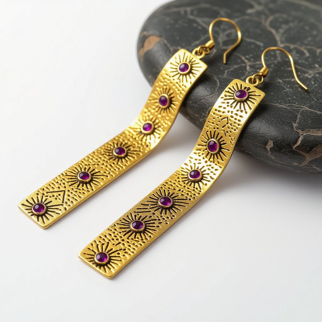 Серьги длинные на цепочках матовое золото мятое. Символ схематично созвездие. Маленькие фиолетовые камушки