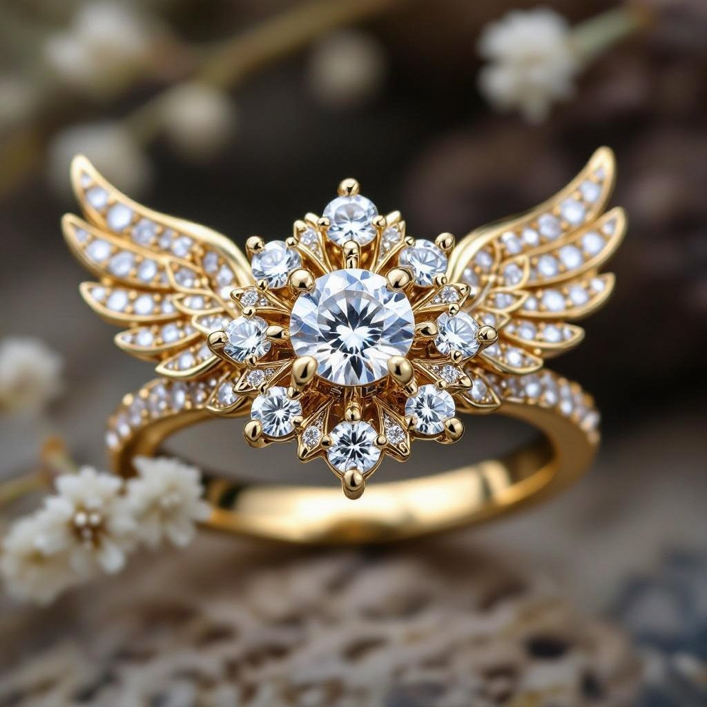 fairytale gold and diamond ring with humble angel wings diamond in the middle and flowers 