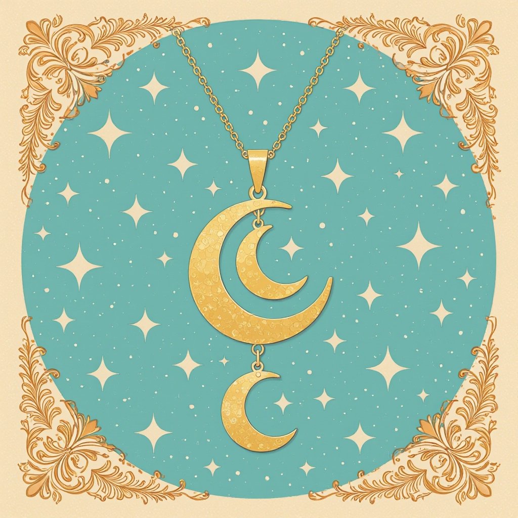 Подвеска из трех полумесяцев из матового неровного светлого золота с узорами соединенных цепочкой сверху самый широкий полукруг дальше средний и снизу самый маленький