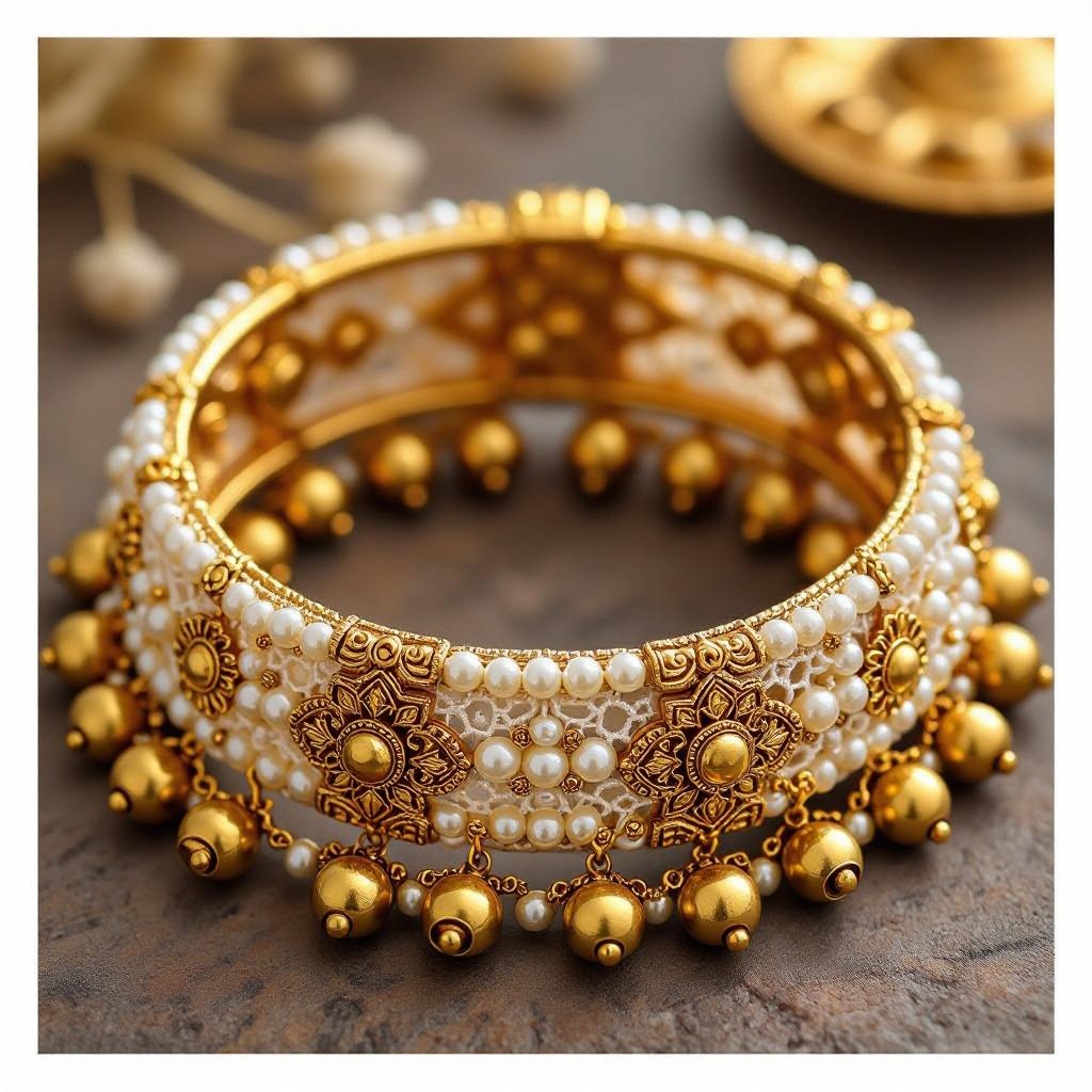 Beige, brown and yellow lace and pearls bracelet