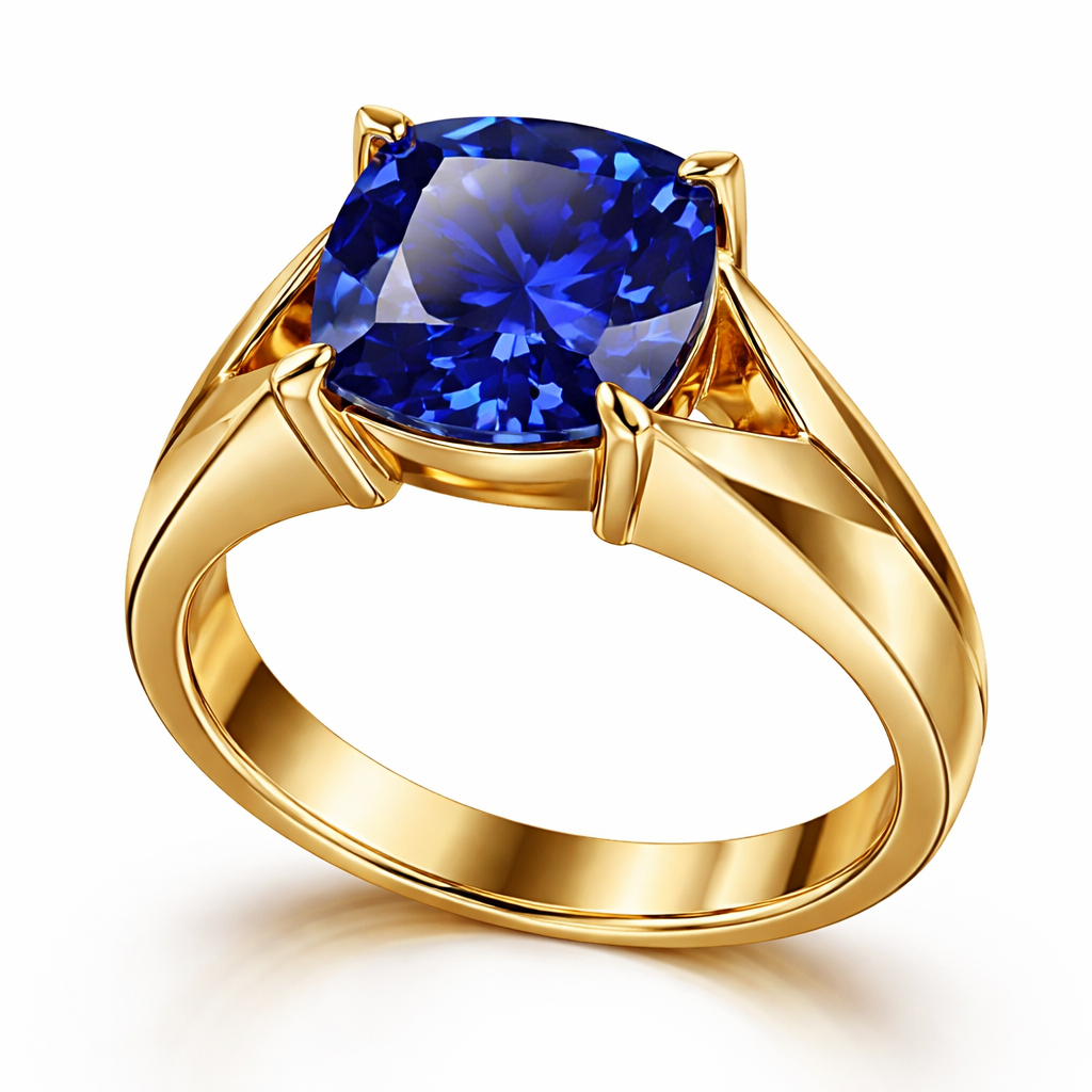 4 carat cushion sapphire royal blue ring in any design in yellow gold only and with no additional diamonds, something sexy, provocative and bright , something for a young woman that knows what she wants and everyone envy’s her , show me picture without finger just ring