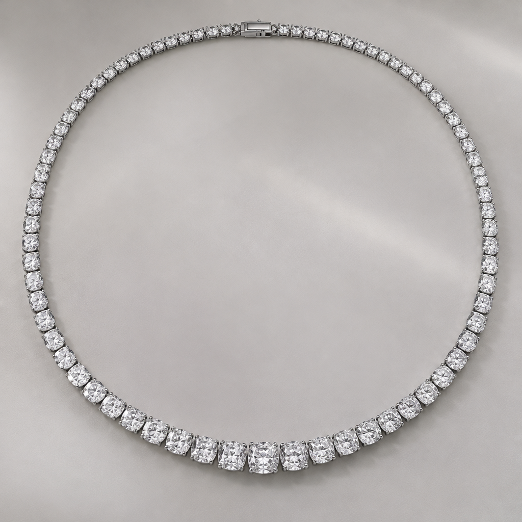 A tennis women's necklace made of white gold with diamond stones. necklace conoc size with cuchion cut diamonds 66 pcs middle 3 pcs 0.70 then 10 pcs 0.50 then 10 pcs 0.40 then 10 pcs 0.30 then remine all 0.20 ct
photorealistic jewelry design, A tennis women's necklace made of white gold with diamond stones. necklace conoc size with cuchion cut diamonds 66 pcs middle 3 pcs 0.70 then 10 pcs 0.50 then 10 pcs 0.40 then 10 pcs 0.30 then remine all 0.20 ct, tennis style, just the design no text