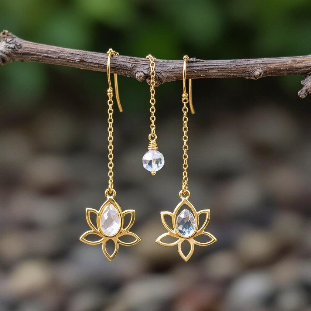 Серьги золото изящный маленький плоский лотос с необработанным маленьким хрусталем в центре, от лотоса идет золотая цепочка вниз с еще одним маленьким камушком хрусталя