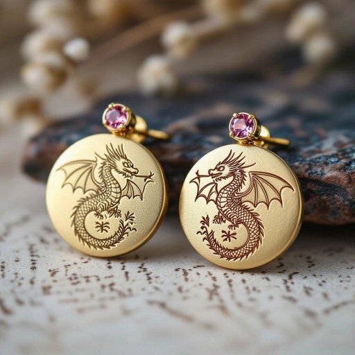 Золотые матовые серьги со схематическим изображением дракона узоры и камни мелкие раузтопаз
